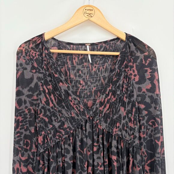 Free People Dark Romance Babydoll Tunic in Dark Combo, Sz XS, Boho Leopard Print - Picture 5 of 11
